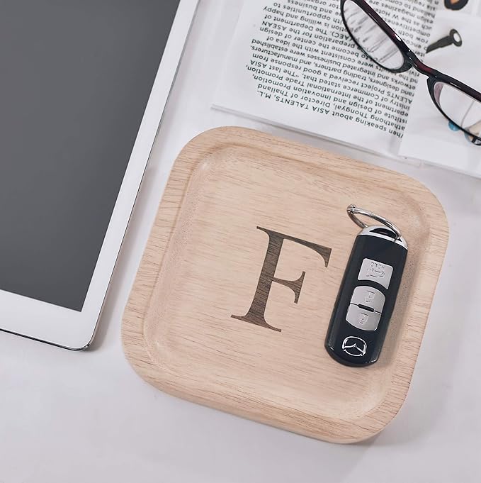 I'm Wooden Personalized Letter Catchall Valet Tray Trinket Dish Jewelry Tray Key Bowl Decorative Plate Organizing Ring Earrings Necklaces Bracelet Watch Coins Wallet Holder (6"x6" Sq Natural F)