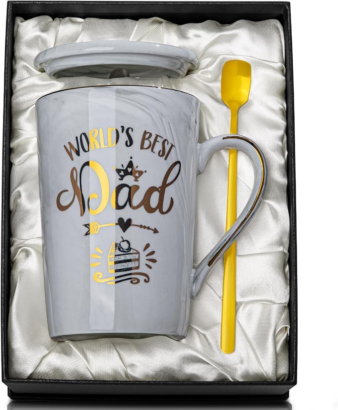 Birthday Gifts Presents for Dad from Daughter Son - World's Best Dad Mug | Funny 14oz Grey Marble Ceramic Coffee Cup with Gold Print, Lid, Spoon, Greeting Card, Nice Gift Box, Fathers Day Daddy Gift by ALBISS