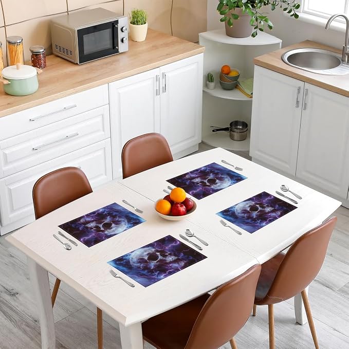 Feelyou Sugar Skull Placemats for Dining Table Indoor Outdoor Kitchen 12"x18" Gothic Skull Placemats Set of 4 Halloween Themed Table Mats Placemat Bones Decor Table Place Mats, Purple Gray - Image 3