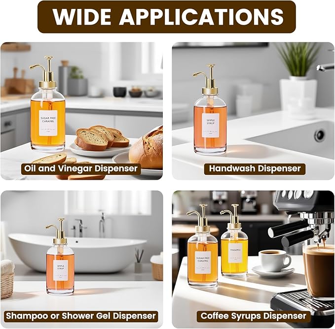 BIGIVACA Coffee Syrup Dispenser 16.9 oz 500 ml - 2 Pack Glass Bottles with Gold Pumps and Labels for Cafe or Home Bar, Kitchen