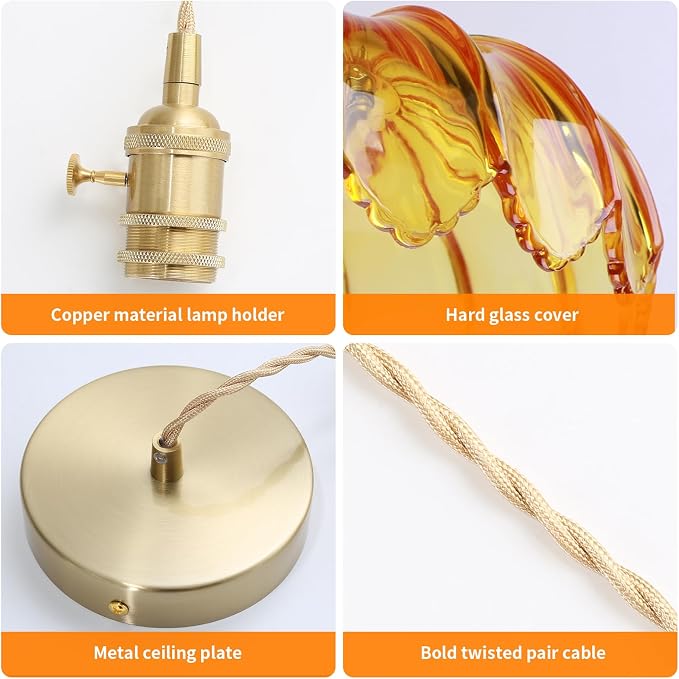 Kitchen Island Pendant Lights, E26 Nordic Pendant Lamp 10.3“ Small Vintage Style Amber Glass Hanging Lighting Fixtures Over Dining Room Table for Bedroom,Bar,Over Sink UL Certified Lighting - Image 4