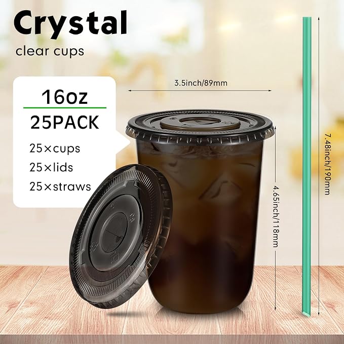 Baderke 25 Set Plastic Cups with Lids and Straws, Disposable Plastic Iced Coffee Cup for Cold Beverage Juice Smoothie Crystal for Coffee Shops Party Catering(Black,16 oz) - Image 3
