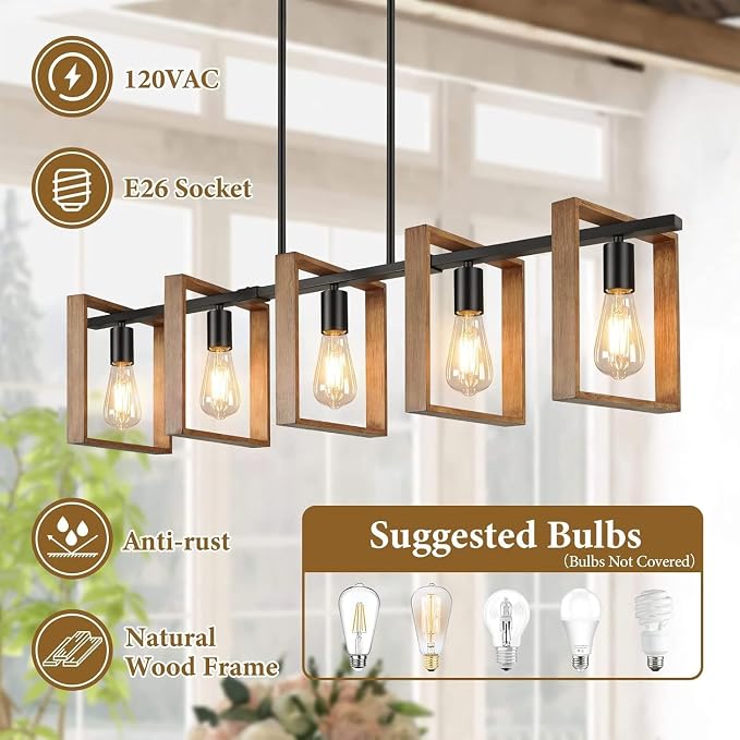 53’’ Farmhouse Kitchen Island Lighting, 5-Light Adjustable Dining Room Light Fixtures, Rustic Wood Chandeliers Black Hanging Light Fixtures for Kitchen, Pool Table Lights, Bulbs Not Included - Image 5
