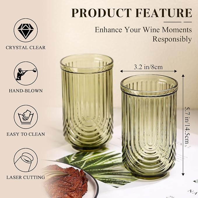 Green Vintage Drinking Glasses Set of 6-17oz Hand-Blown Highball Ribbed Glassware, Arch Design Cocktail Glasses for Whiskey Water Beverages Ice Coffee Juice Milk - Image 3