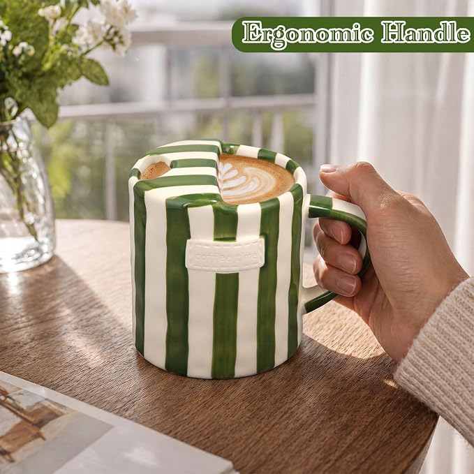 1 Pack Ceramic Coffee Mug with Sip Hole Espresso Cup 10oz with Straws Retro Hand Painted Striped Ceramic Iced Coffee Tea Travel Mug Latte Cup for Kitchen Dining (Handle,Green) - Image 4