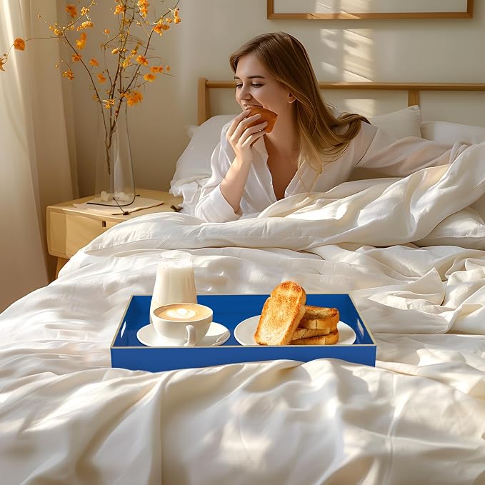 MAONAME Navy Blue Serving Tray with Handles, Plastic Modern Decorative Tray | Rectangle Melamine Tray, Ottoman Tray, Coffee Table Tray, Countertop Organizer Tray for Living Room, 15.8"L x 10.2"W x 1.4"H - Image 6