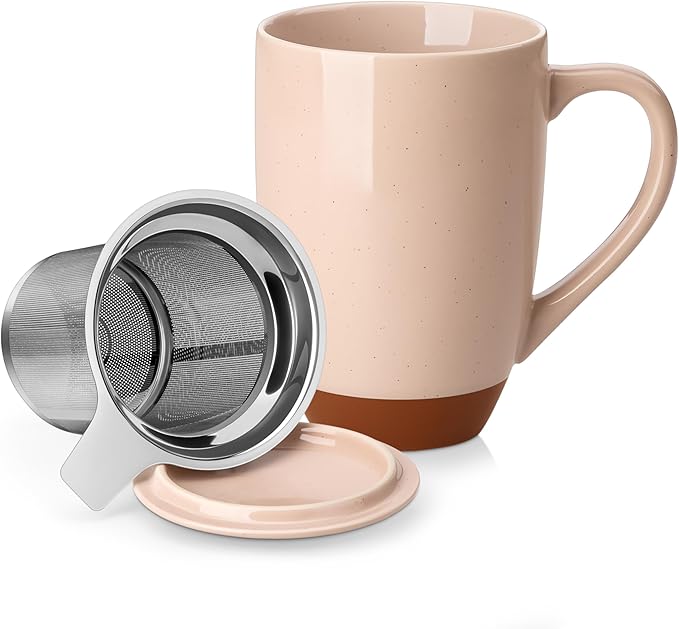 MALACASA Ceramic Tea Mug with Lid and Stainless Steel Infuser, 18 oz Large Tea Cup for Loose Leaf Tea, Heat-Resistant, Microwave & Dishwasher Safe, Speckled Glaze Coffee & Tea Brewer Mug, Khaki Pink by MALACASA