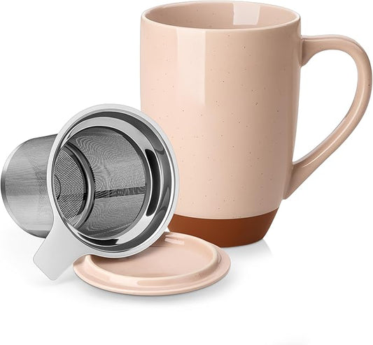 MALACASA Ceramic Tea Mug with Lid and Stainless Steel Infuser, 18 oz Large Tea Cup for Loose Leaf Tea, Heat-Resistant, Microwave & Dishwasher Safe, Speckled Glaze Coffee & Tea Brewer Mug, Khaki Pink by MALACASA