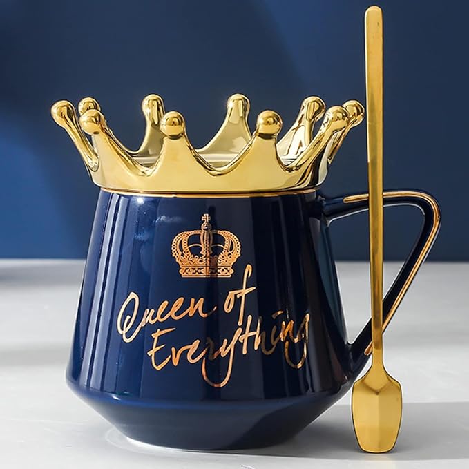Arawat Queen of Everything Mug with Lid Cute Mugs with Crown Dark Blue Coffee Mug with Spoon & Coaster 12 oz Ceramic Tea Cup Birthday Gift for Women Girl Mom Friend Valentine's Day Gifts for Women Man - Image 5