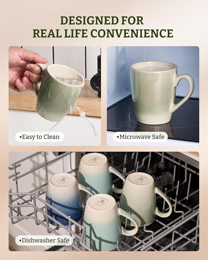 famiware Coffee Mugs Set, 13 oz Mug Set of 8, Stoneware Cups for Latte, Hot Tea, Mocha, Cocoa, Cappuccino, Microwave and Dishwasher Safe, Glacier Series, Sage Green - Image 7