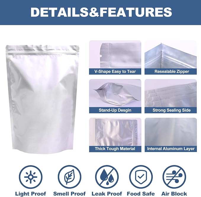 60PCS 10"X14" 8"X12" 13"X17" Mylar Bags for Food Storage with Oxygen Absorbers&Lables,10 Mil Thick Resealable Stand-Up Zipper&Heat Sealable Bags for Long Term Food Storage,Dried Food - Image 3