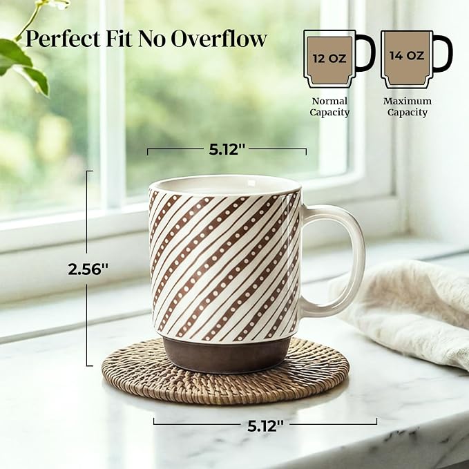 DOWAN Stackable Coffee Mugs, 12 oz Ceramic Coffee Mug Set of 4, Coffee Cups with Chocolate-Colored Geometric Patterns for Latte, Cappuccino, Cocoa, Dishwasher & Microwave Safe, Off White - Image 2
