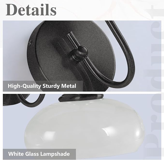 Modern Matte Black Wall Sconce Farmhouse 7.9" Milk White Glass Globe Wall Lamp for Industrial Style Hard-Wired Semi Flush Mount Wall Light Fixture for Stairway, Hallway, Bedroom - Image 3