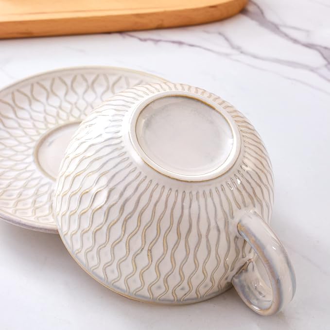 Coffeezone Vintage Design 12 oz Ceramic Latte Art Cappuccino Barista Cup with Saucer (Embossed Beige) - Image 4