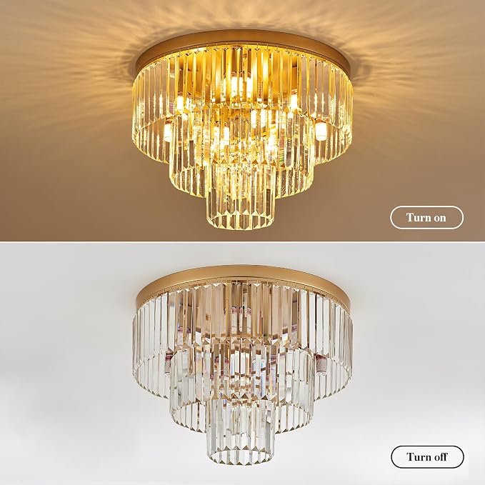21.65" 10 Light Gold Crystal Ceiling Light for Dining Room | K9 Crystal, Stainless Steel, 3 Tier, E12 Base, Flush Mount, for Kitchen Island Living Room Bedroom Entryway - Image 3