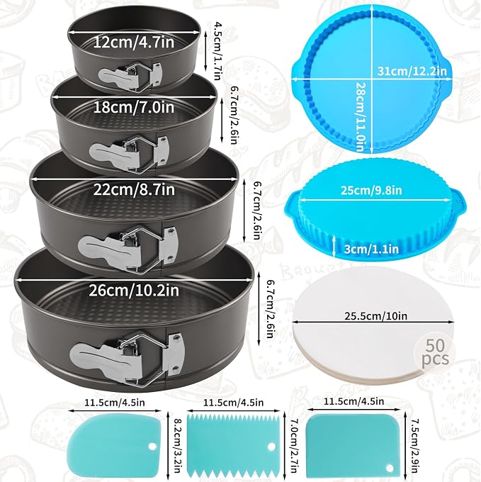 4, 7, 9, 10 Inches Springform Cake Pan Set, Spring Form Pans for Cheesecake, Nonstick Round Baking Pan Set with Silicone Protector, Parchment Paper, Icing Scrapers - Image 2