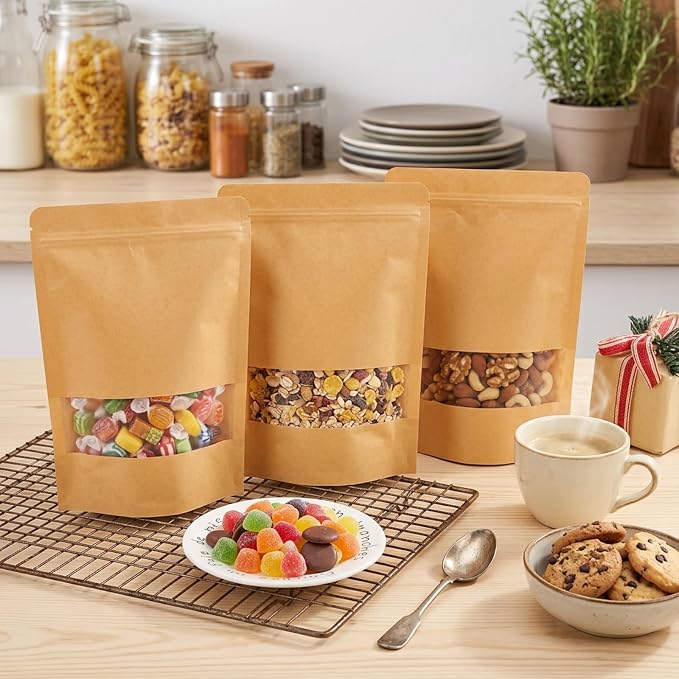 Moretoes 72pcs 7x10In Kraft Paper Resealable Bags with Window for Business | Stand Up Pouches, Ziplock Bags with Window, Home & Small Business Packaging for Granola, Coffee, Snacks, Herbs, Dried Goods - Image 6