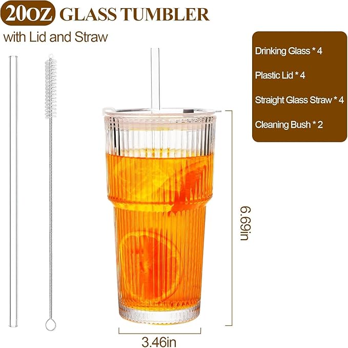 20oz Glass Tumblers with Lids and Glass Straws, Thickened for Iced Coffee, Smoothies,Cocktails and Juices-Elegant Durable for Home, Office,Travel (Clear)