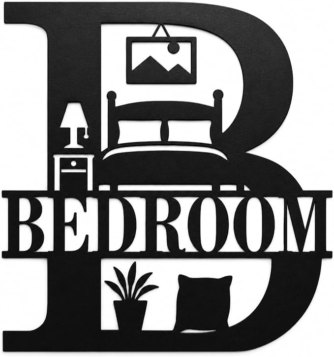 Bedroom Metal Wall Decor, Modern Farmhouse Room Sign, 14 Inch | 14-inch matte black metal BEDROOM sign with pre-drilled holes for bedrooms, guest rooms, dorms, and modern farmhouse decor. by Bosfori