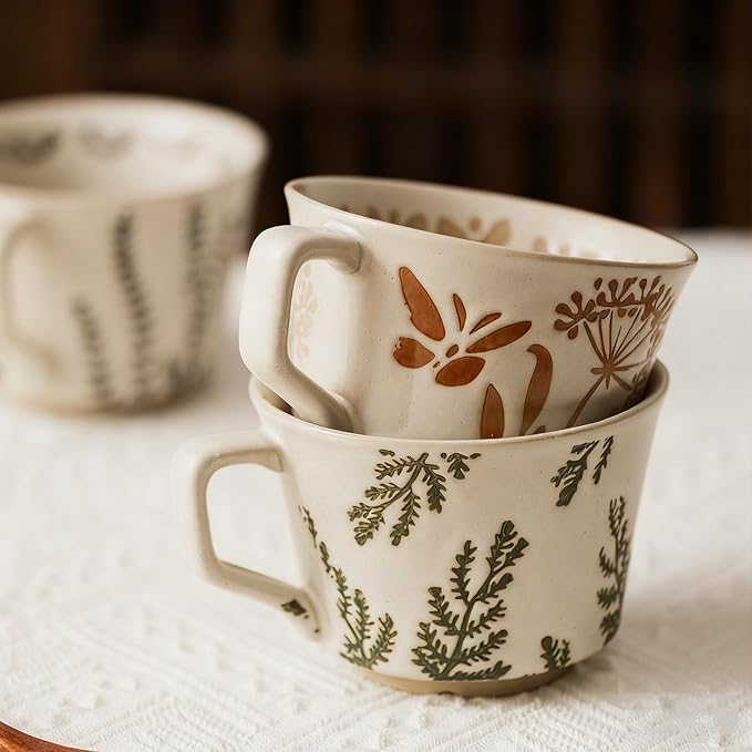 Vintage Ceramic Mug Set - 12 oz Unique Ceramic Coffee Mugs & Tea Cups with Hand-Drawn Patterns, Dishwasher & Microwave Safe, Ideal Gift - Image 3