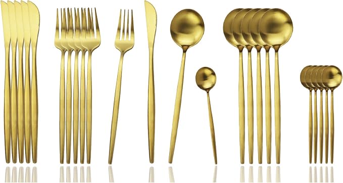 JASHII Silverware Set, 24-Piece Stainless Steel Flatware Set,Kitchen Utensil Set Service for 6,Tableware Cutlery Set for Home, Dishwasher Safe (Matte Gold) by JASHII