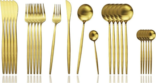 JASHII Silverware Set, 24-Piece Stainless Steel Flatware Set,Kitchen Utensil Set Service for 6,Tableware Cutlery Set for Home, Dishwasher Safe (Matte Gold) by JASHII