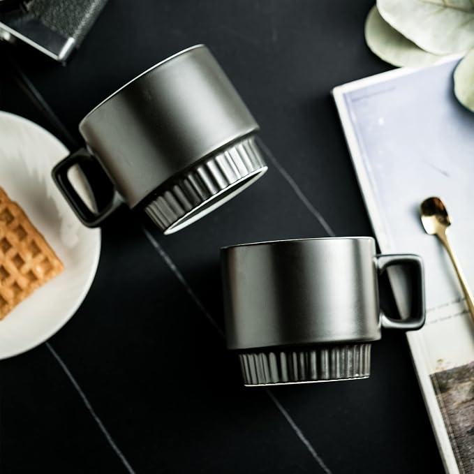 Miamolo Stackable Coffee Mugs with Stand Set of 4, Space-saving Storage | 11oz, Ceramic Latte Mugs | for Espresso Cappuccino Tea Hot Cocoa | Dishwasher & Microwave Safe | Housewarming Gift | Black - Image 7