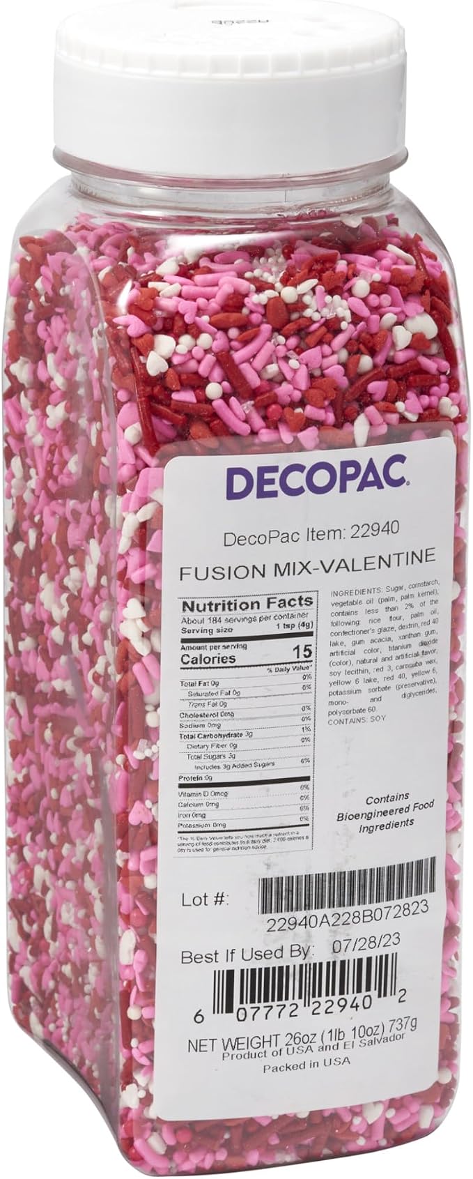DecoPac Valentine Fusion Mix Sprinkles, 27oz, Pink, Red White Candy Sprinkles in Handheld Container, Edible Decorations For Celebration Cakes, Cupcakes, Cookies and Donuts by Decopac