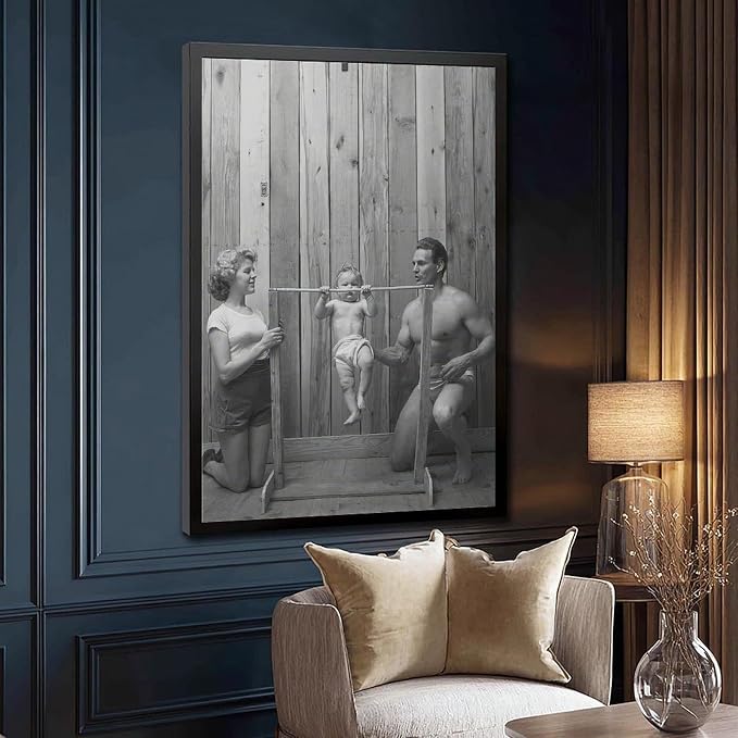 UXCBIA Baby Doing Pull-ups, Bodybuilder Family Black And White Retro Poster Canvas Poster Bedroom Decor Sports Landscape Office Room Decor Gift Black Frame 12x18in(30x45cm) - Image 3