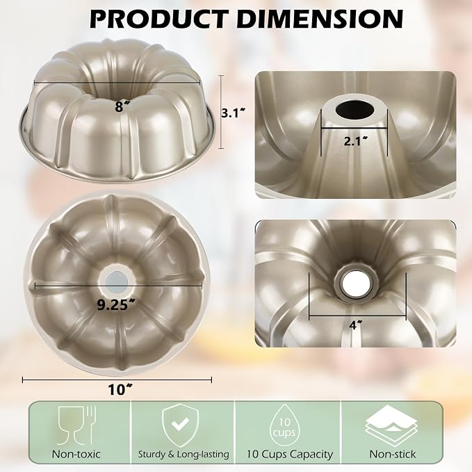TeamFar 10 Inch Nonstick Cake Pan, 10 Cups Fluted Tube Cake Pan for Baking | Heavy Duty Carbon Steel Round Baking Tray for Making Jello/Monkey Bread/Chocoflan, Non Toxic, Easy Clean - Champagne Gold - Image 2