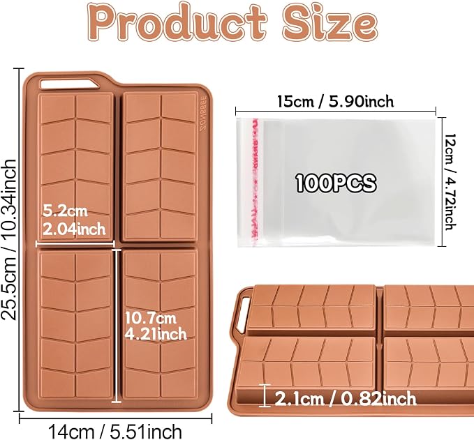 Chocolate Bar Molds Silicone Non Stick 0.82inch Deep,Thick Dubai Shapes Chocolate Stuffed Bar Mold Kit for Filling Knafeh Candy(2 Pack and 100pcs Bags) - Image 2