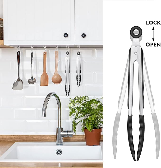 HOTEC Premium Stainless Steel Locking Kitchen Tongs with Silicon Tips, Heat Resistant Cooking Tongs Set of 3-7", 9" and 12", Black - Image 9