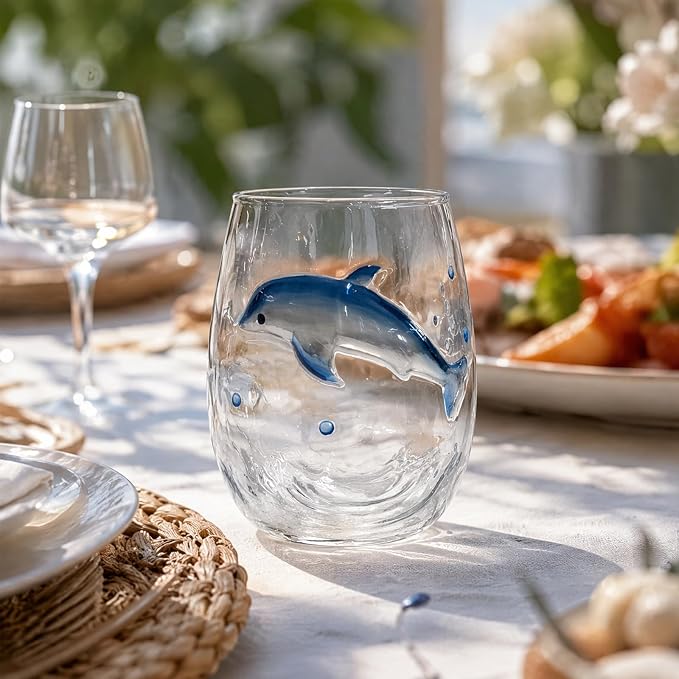 Blue Ring Handmade 3D Stemless Glass Wine Cup Ocean Bar (White Style 3) | 3D Sculpted Handmade Blue Ring Stemless Glass Ocean Cup Handblown Glassware (White Style 3) - Image 2