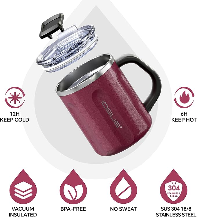 Ideus 16 oz Insulated Coffee Mug with Handle and Lid, Double Wall Stainless Steel Vacuum Thermal Coffee Mug, Travel Coffee Cup Thermal Cup for Home and Office, Burgundy-FUJI FLOW - Image 2