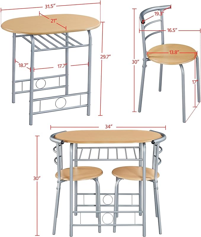 Yaheetech 3 Piece Dining Table Set, Kitchen Table & Chair Sets for 2, Compact Bistro Table Set with Steel Legs, Built-in Wine Rack for Small Space, Apartment, Breakfast Nook, Natural - Image 3