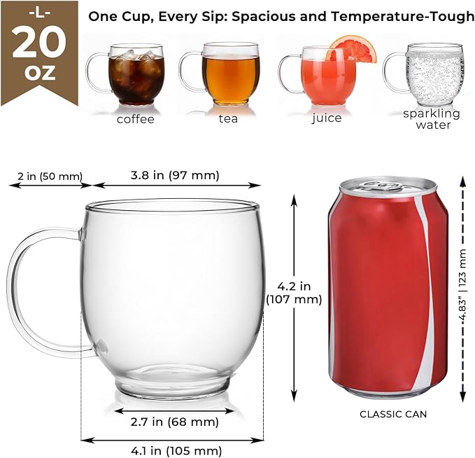 Aquach 20oz Glass Coffee Mugs Set of 2, Clear Borosilicate Tea Cups | Dishwasher/Microwave Safe, Single-walled, Smooth Rim, Handle Comfort, Large Capacity Fits Hot/Cold Brews - Image 5