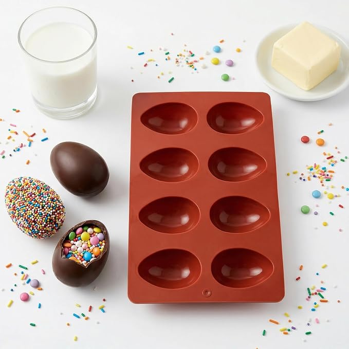 1 Pack Silicone Egg Molds 8 Cavity Easter Silicone Candy Mold 3D Egg-Shaped Silicone Baking Mold for Chocolate, Jello, Mini Cakes, DIY Desserts, Candy, Ice, Pudding, Baking (1, Brick Red) - Image 4