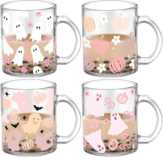 Tioncy 4 Pcs Halloween Ghost Coffee Mugs 12 oz Ghost Glass Cups with Handle Spooky Coffee Cup Pink Mug Cute Gifts Drinking Containers for Halloween Holiday Party Drinkware Accessories by Tioncy