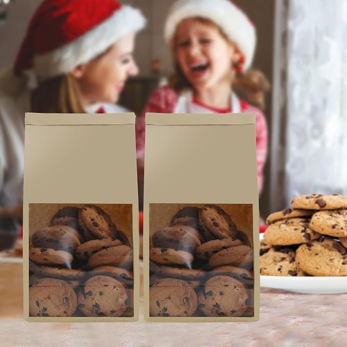 50pcs Bakery Bags with Window, 5.1x4.3x11 Inches Cookie Bags for Packaging, Brown Kraft Paper Tin Tie Tab Lock Bag for Bun, Candy, Nuts, Coffee Bean, Cookie for Gift Giving - Image 6