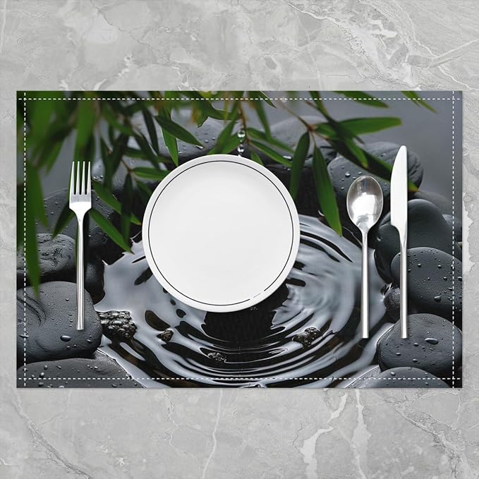 Feelyou Bamboo Rock Placemats Set of 4 12"x18" Tree Design Placemats for Dining Table Indoor Outdoor Kitchen Asian Culture Inspired Art Eastern Table Mats Placemat Green Gray Decor Table Place Mats - Image 2