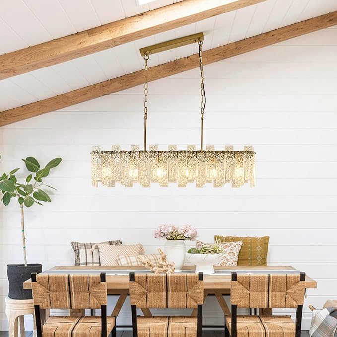 L39 inch Gold Rectangle Crystal Chandelier, Modern Rectangular Water Ripple Glass Dining Room Chandeliers Light Fixture, 6-Lights Hanging Pendant Light for Kitchen Island, Living Room - Image 3
