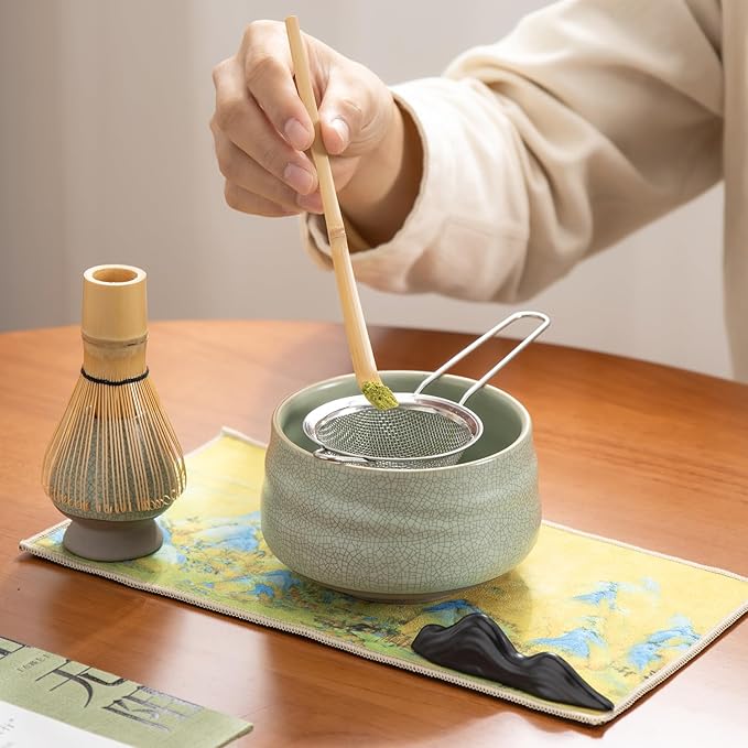 Japanese Matcha Ceremony Accessory, Matcha Whisk, Traditional Scoop (Chashaku), Tea Spoon, Whisk Holder, 1 tea bowl, 1 tea siev, The Perfect Set to Prepare a Traditional Cup of Matcha.