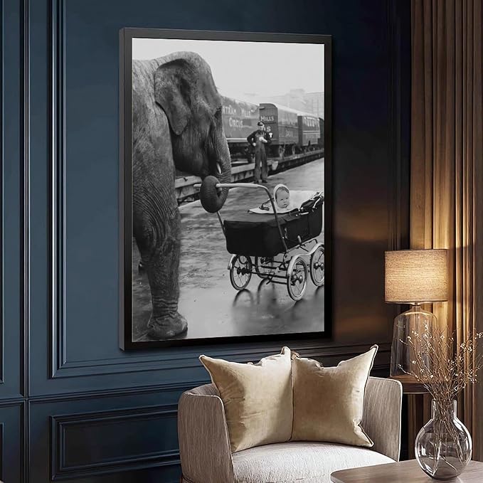 Elephant Pushing A Baby Carriage, London 1950, Black And White Vintage, Funny Animal Poster Canvas Poster Wall Art Decor Print Picture Paintings for Living Room Bedroom Decoration Black Frame 20x30in( - Image 3