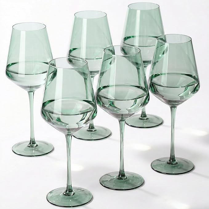 Green Wine Glasses Set of 6, Handblown Colored Wine Glasse,Green Coloful Glassware，17OZ for Red or White Wine by SIPBYSOP