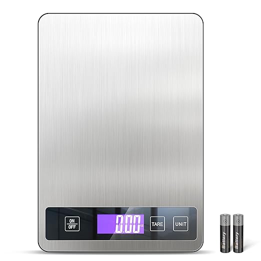 Food Scale for Kitchen, 15 kg/33 lb, Splash-Resistant Stainless Steel, Full-View LCD Display, Easy to Clean, 6 Units, Tare Function, Precise for Baking, Cooking & Meal Prep