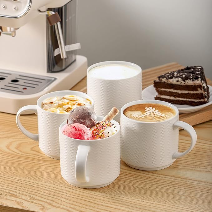 Hasense Coffee Mugs Set of 4 with Stand, 15 oz Porcelain Stackable Coffee Cups Set with handle for Tea, Latte, Milk and Cappuccino, White Embossed Tea Cups Set with Geometric Pattern for Men and Women - Image 6