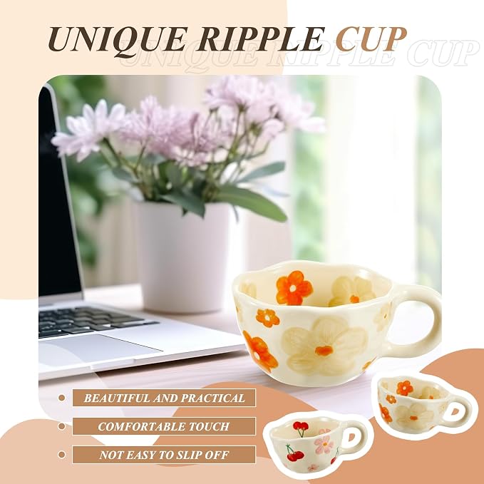 Vesici 2 Pcs Ceramic Coffee Mugs with Spoon, Vintage Floral Spring Mugs with Handle, 8.5 oz Aesthetic Flower Porcelain Tea Cup Set, Dishwasher & Microwave Safe Mothers Day Gifts for Mom(Fresh) - Image 5