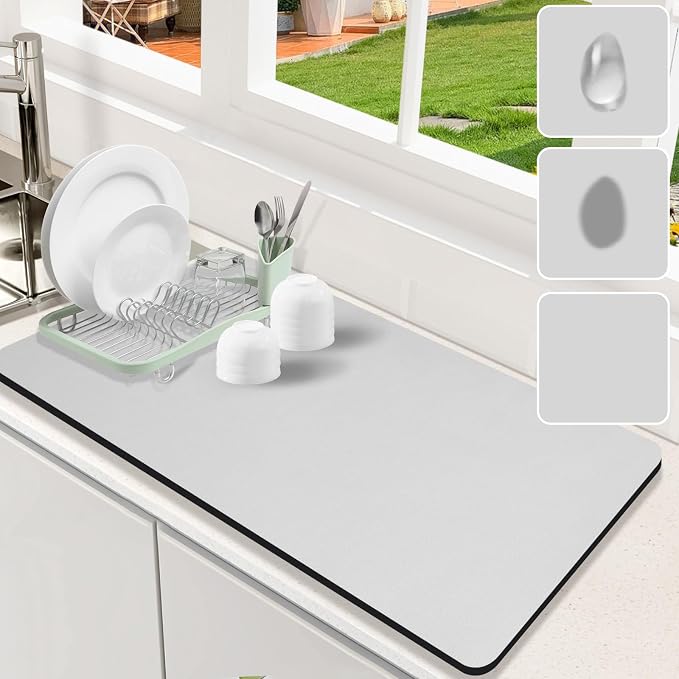 Dish Drying Mat for Kitchen Counter, Rubber Backed (Light Grey,17" x 31.5") | Hide Stain Anti Absorbent for Kitchen Counter, Non-slip Drying Mat for Coffee Machine Dish Rack by Etomiel