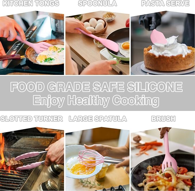 Umite Chef 22-Piece Silicone Cooking Utensils Set, Heat Resistant & Dishwasher Safe Kitchen Tools, Non-Scratch Spatula Set for Nonstick Cookware (Pink) - Image 7