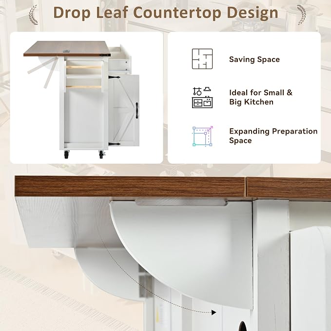 53.5’’ Rolling Kitchen Island Cart with Storage & Power Outlet, Retro White | Built-In Charging Station, Drop Leaf, 2 Drawers, 4 Door Cabinets, Adjustable Shelves, Lockable Wheels, Spice & Towel Rack - Image 6